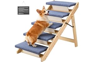 VEVOR Wood Pet Stairs, 5-Step Dog Stairs for Beds, Sofa & Cars, 150lbs Load Capacity, Floded Flat Design, Stable & Sturdy Cat