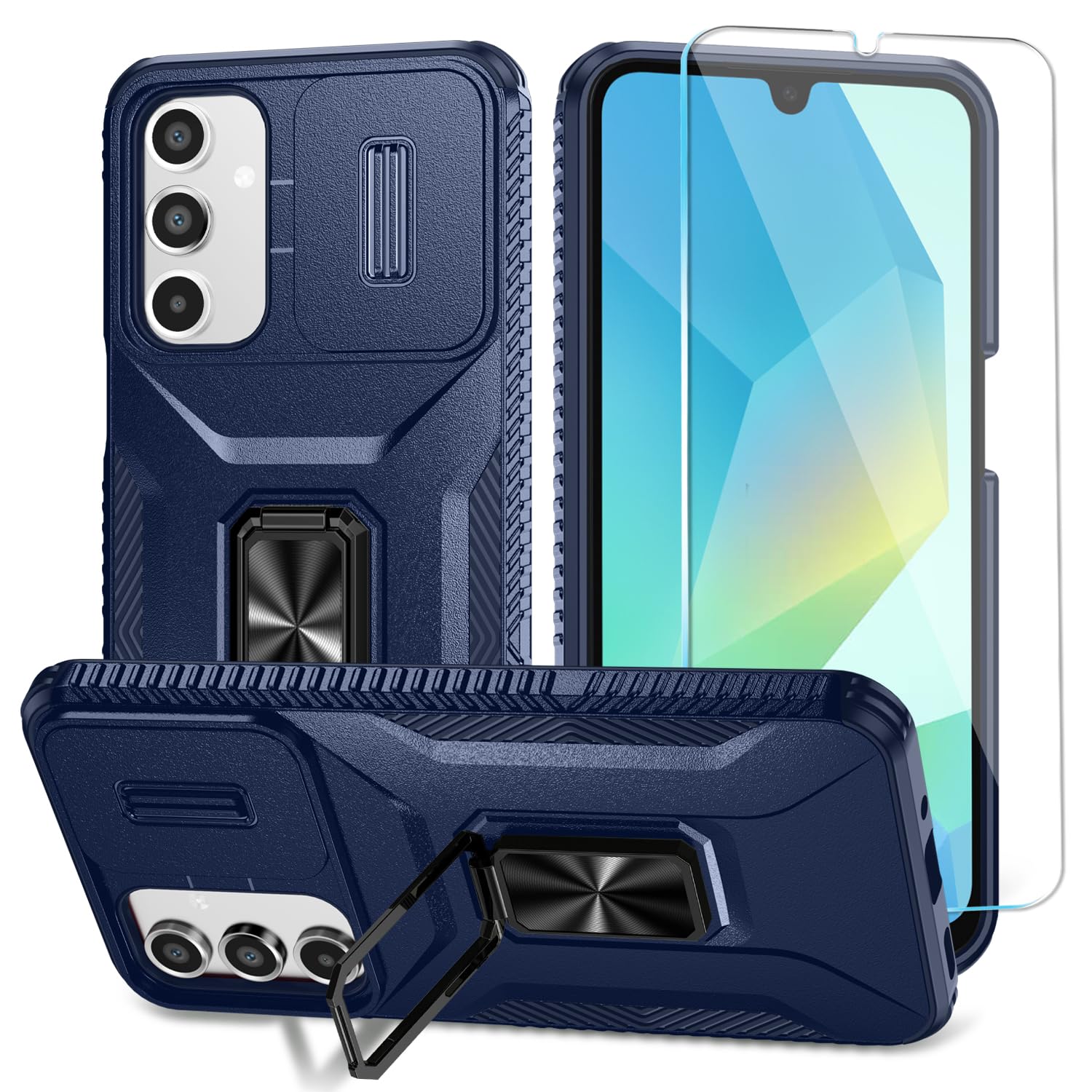 SunStory Phone Case Compatible with Samsung Galaxy A16 5G Case with HD Screen Protector & Slide Camera Cover & Rotated Ring Kickstand, [Shockproof] Dual Layers Phone Case for Samsung A16 (Y_Blue)