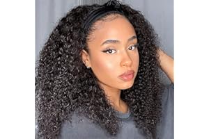 Eooma Curly Headband wig Human Hair 16 inch No Gel Kinky Curly Headband Wigs for Black Women 180 Density Scarf None Lace Front Wigs Human Hair