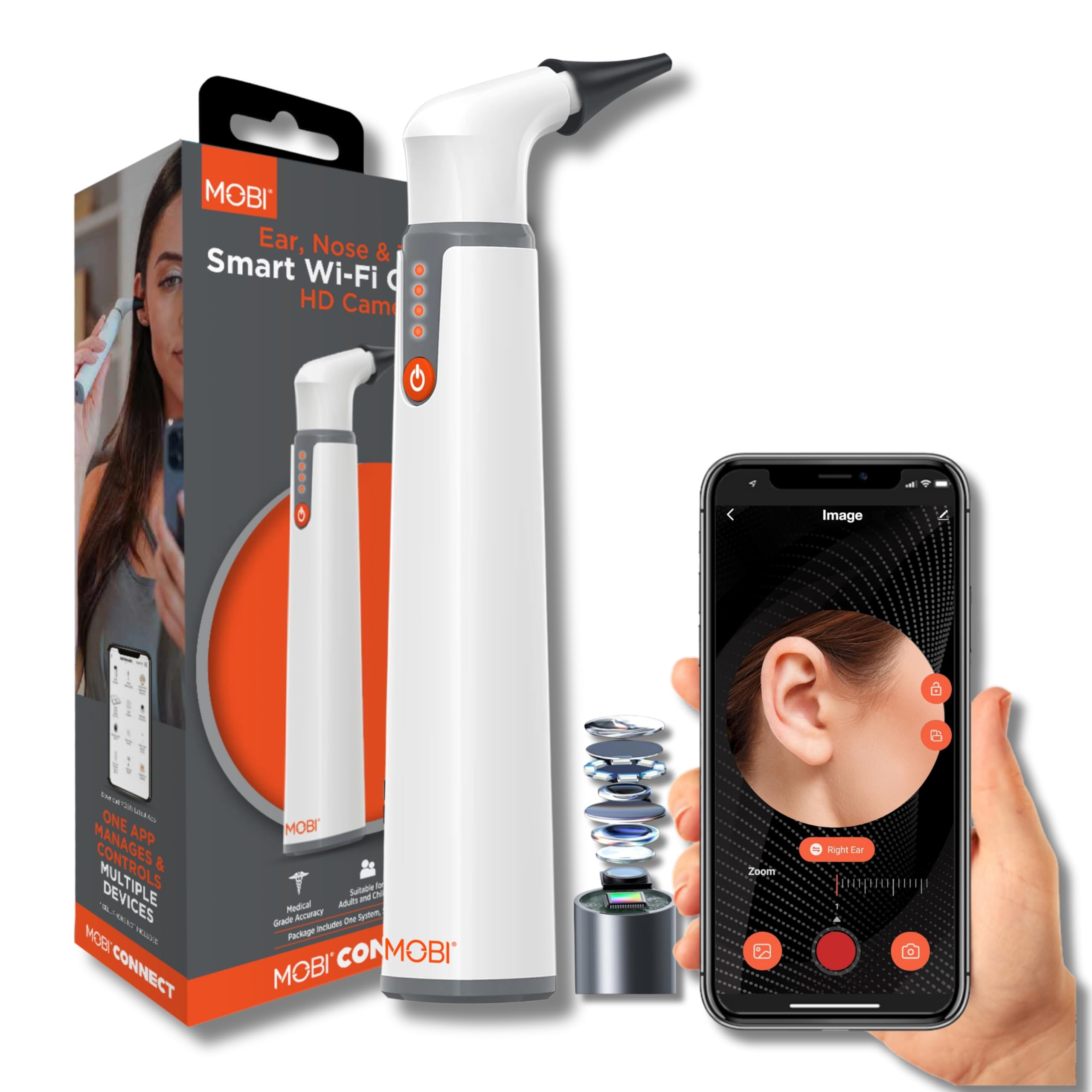 Photo 1 of ***PARTS ONLY**MOBI Connect Wi-Fi Otoscope for Ears, Nose & Throat - 1080P HD Lens, Multi-Axis Gyroscope, 6 LED Lights, 90+ Min Use, 3 Ear Speculum, Suitable for Adults & Children