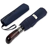 Balios Travel Folding Umbrella with Real Wood Handle Auto Open Close Vented Windproof Canopy - Designed in UK