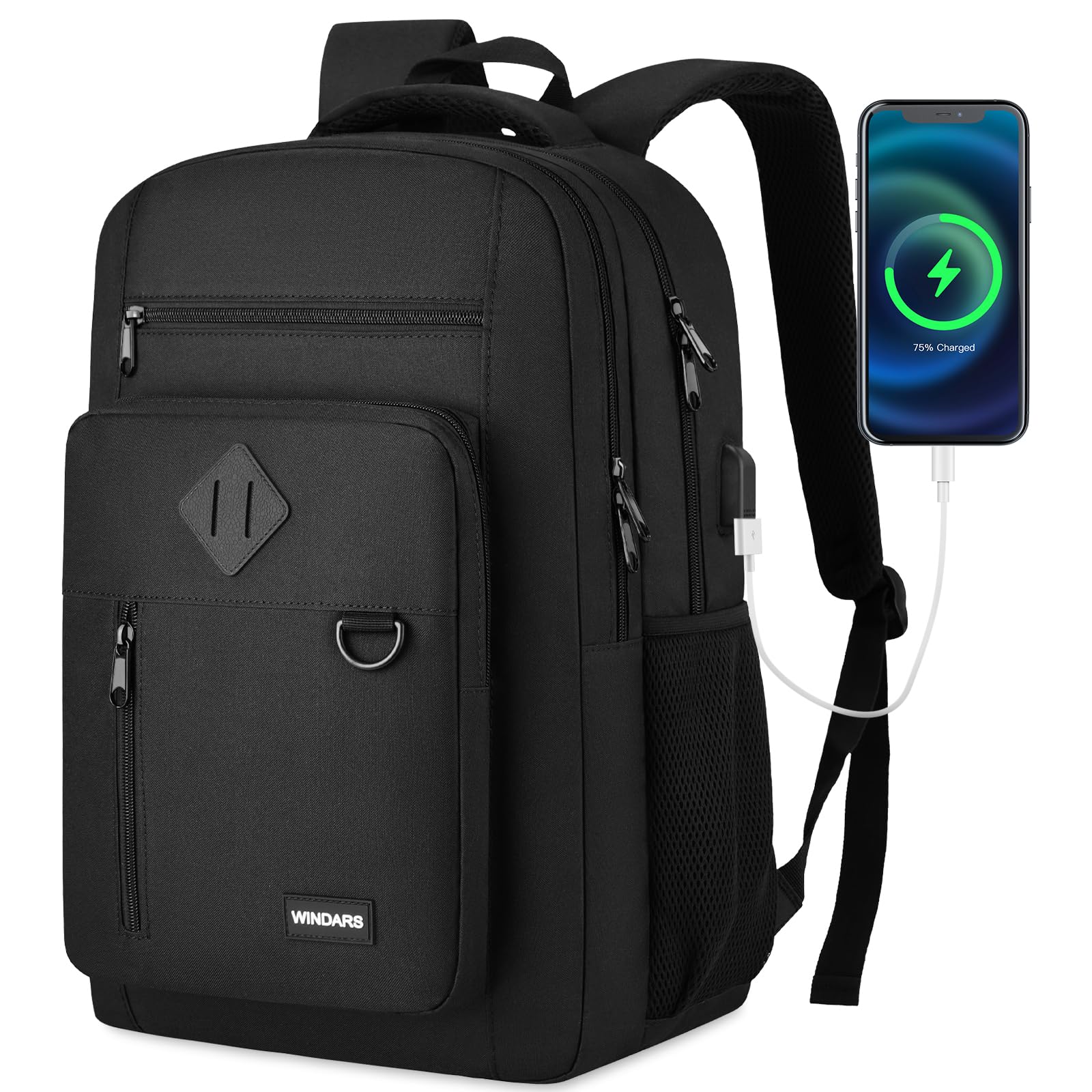 Photo 1 of WINDARS Backpack for Men and Women, Casual School Backpack Teen Boys and Girls Lightweight 17.3 Inch Laptop Bookbag with USB Charger for College Work Travel (Black)