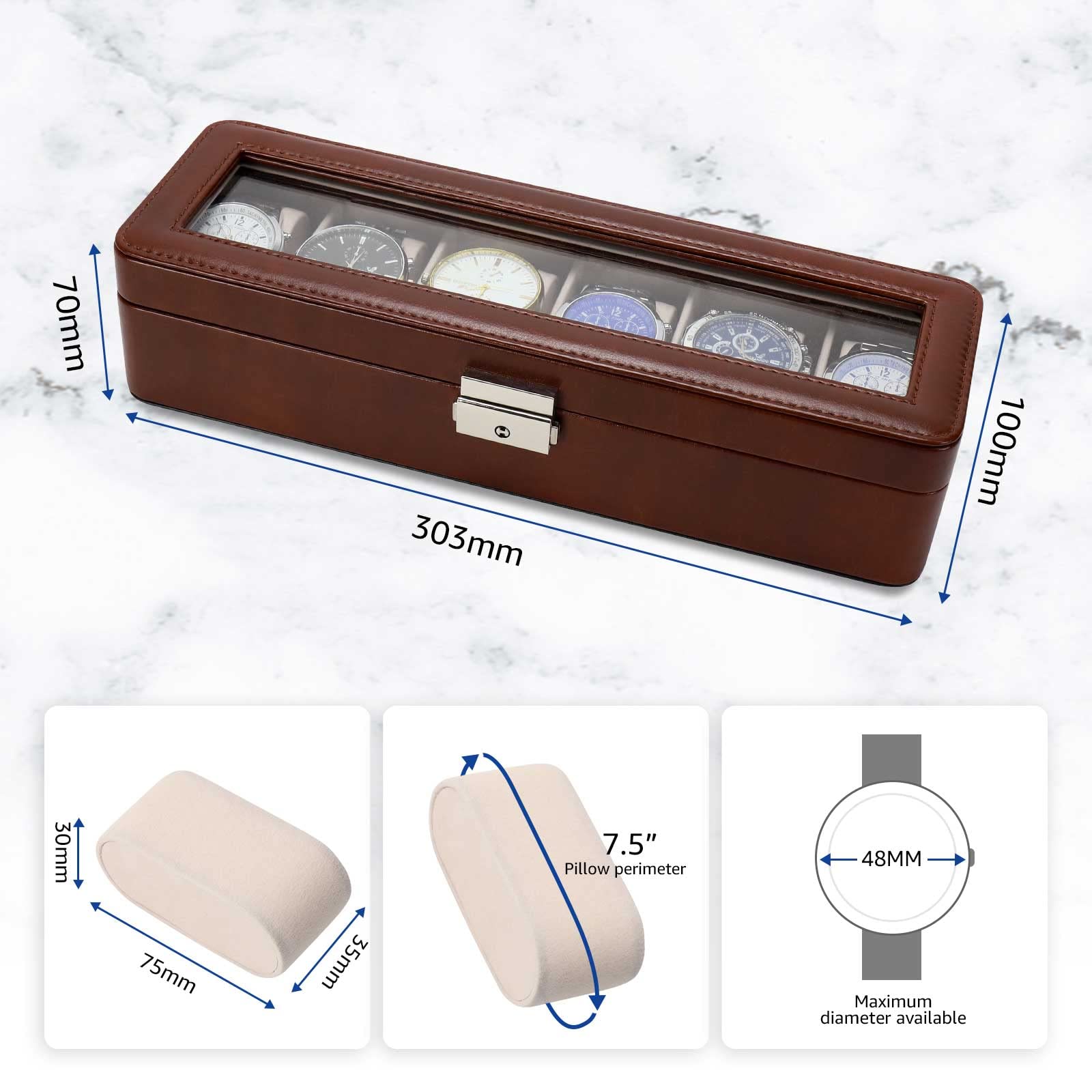 BareTulip Watch Box-Organizer for Men and Women Watch Case-Holder 6 Slot Watch Box Pu Leather Watch Display with Glass Window and Lock Brown