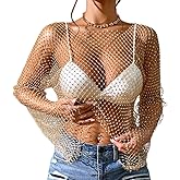 OBEEII Women Rhinestone Mesh Top Long Sleeve Crystal Crop Top Sparkly See Through Shirt Rave Party Clubwear
