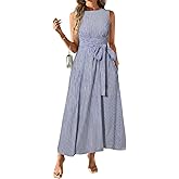 ebossy Women's Striped Shirt Dress Casual Crewneck Tie Waist Sleeveless A-Line Maxi Cotton Dress with Pockets