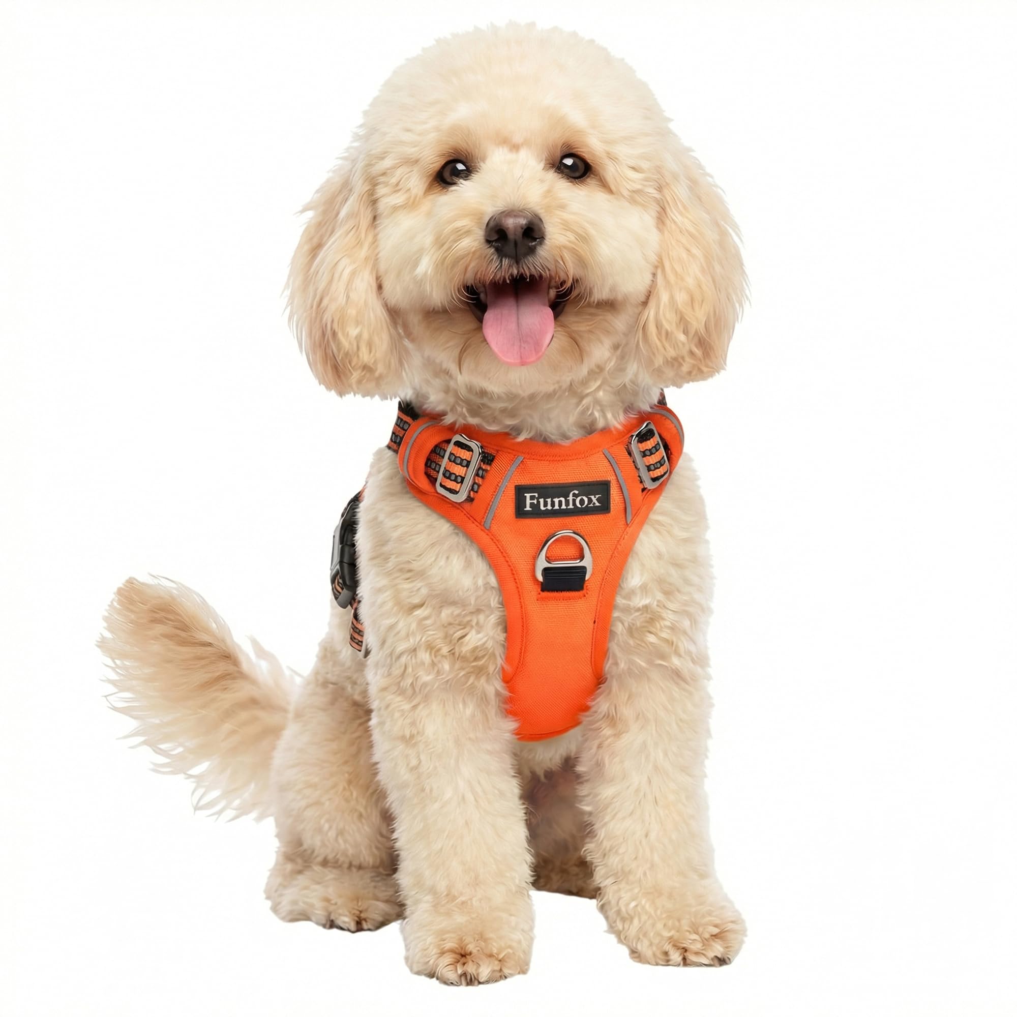 Funfox Dog Harness Small, No Pull Puppy Harness with Vertical Handle, 2 Leash Clips, Reflective Strips Night Walking, Anti Pull Adjustable Padded Pet Vest Size for Small Breed, Orange S