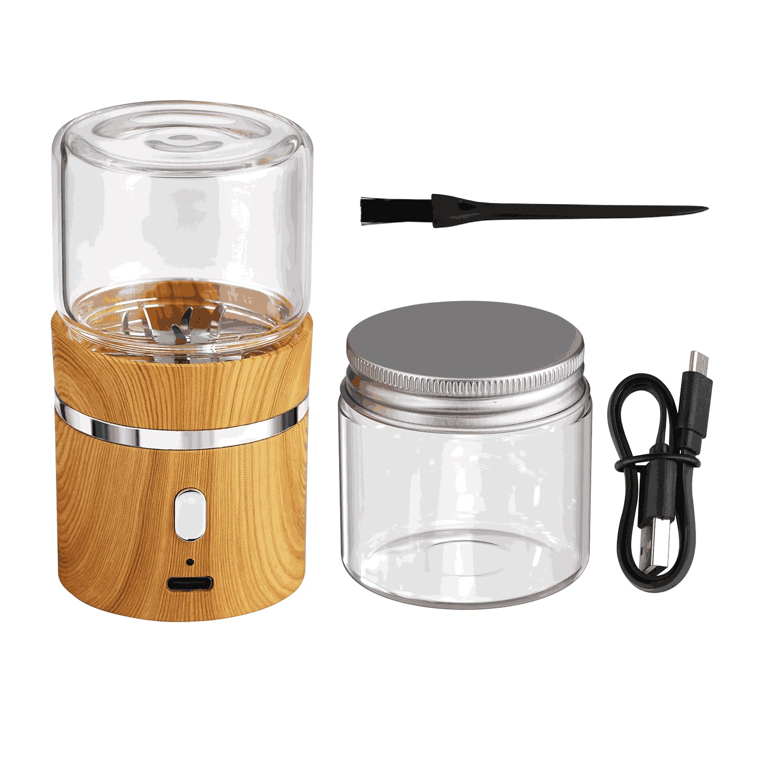 Photo 1 of Electric Grinder Spice Crusher Rechargeable Mini Size 2" x 3.5" with 2PCS 1.7oz/50ml Glass Jars (NOT for nuts or beans), Wood Grain Pattern