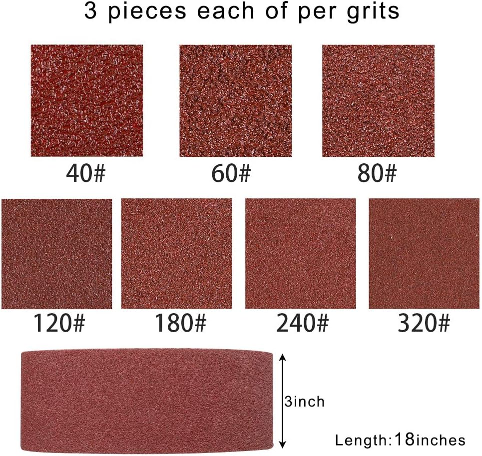 Coceca 3x18 Inches Aluminum Oxide Sanding Belt, 21 Pack Sanding Belts (3 Each of 40 60 80 120 180 240 320 Grits) for Belt Sander - - 