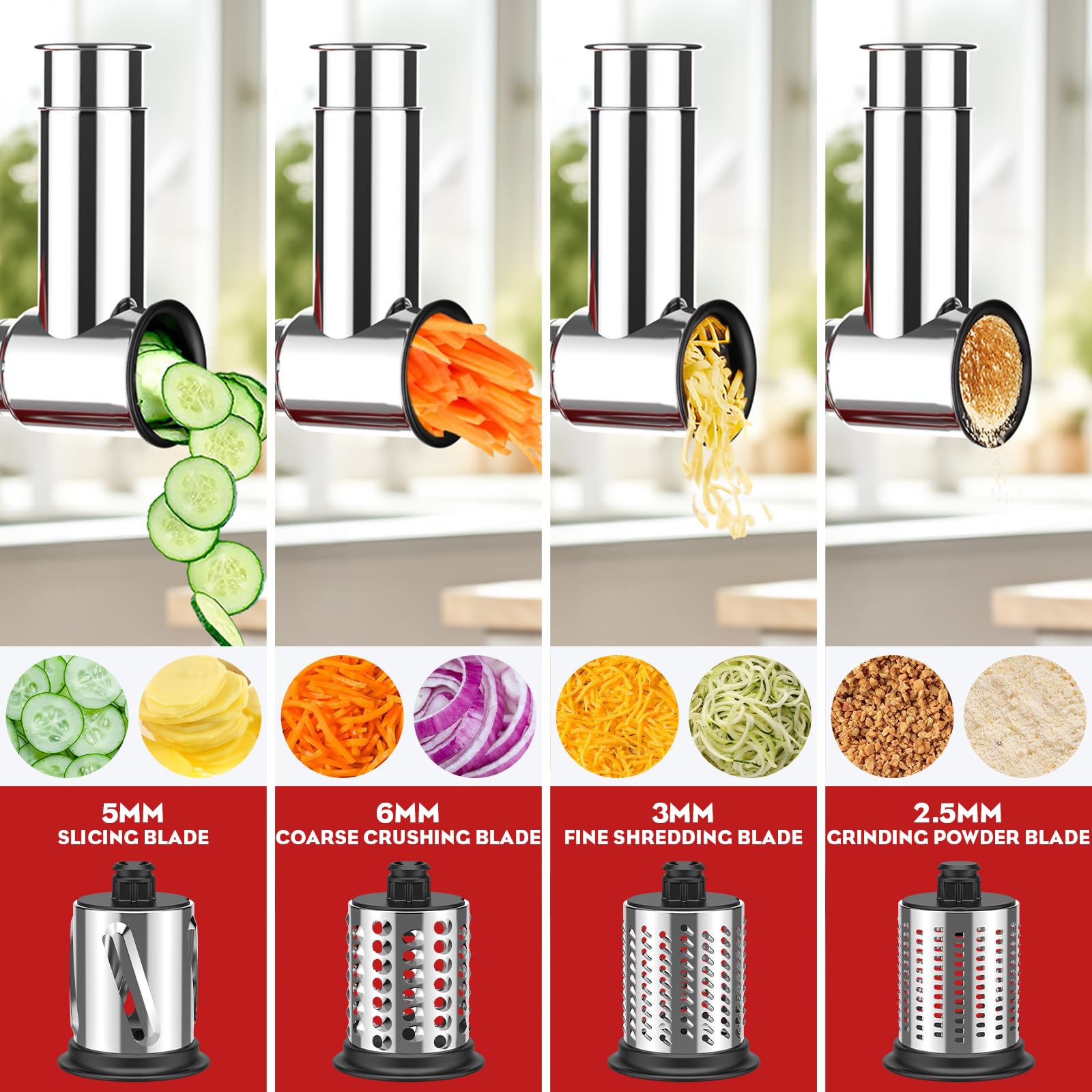 Stainless Steel Slicer Shredder Attachment for Kitchenaid Stand Mixer, Cheese Grater, Salad Maker Accessories for Kitchenaid Mixer, Grinding Powder with 4 Blades by Focollk