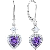 PYNZY Heart Dangle Drop Earrings for Women, 925 Sterling Silver Earrings with 7x7MM Birthstones Love Heart Leverback Jewelry Gifts for Her