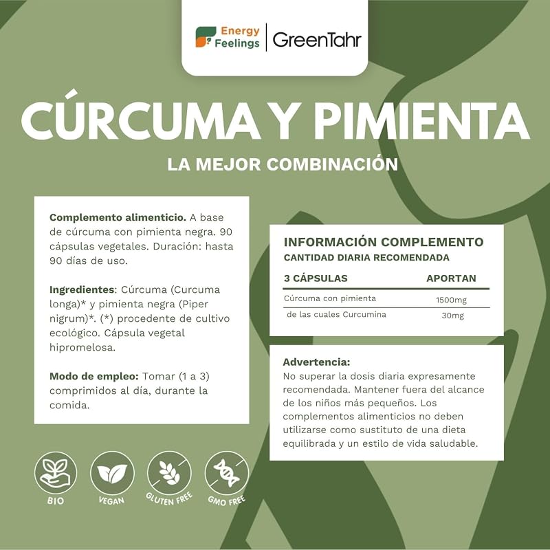 Cúrcuma y Pimienta Negra en Cápsulas de Cultivo Rica en Antioxidantes, Curcumina y Piperina Bio, Vegano, Orgánico, Sin Gluten, 90 Cápsulas, 1500mg — foto 4 de 4