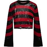 BEAUDRM Women's Striped Cropped Sweater Gothic Ripped Crew Neck Bell Long Sleeve Pullover Knit Tops