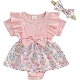 MoZiKQin Baby Girl Outfit Newborn Romper Dress Ribbed Ruffle Bowknot Skirt Hem Jumpsuit Cute Summer Clothes+Headband