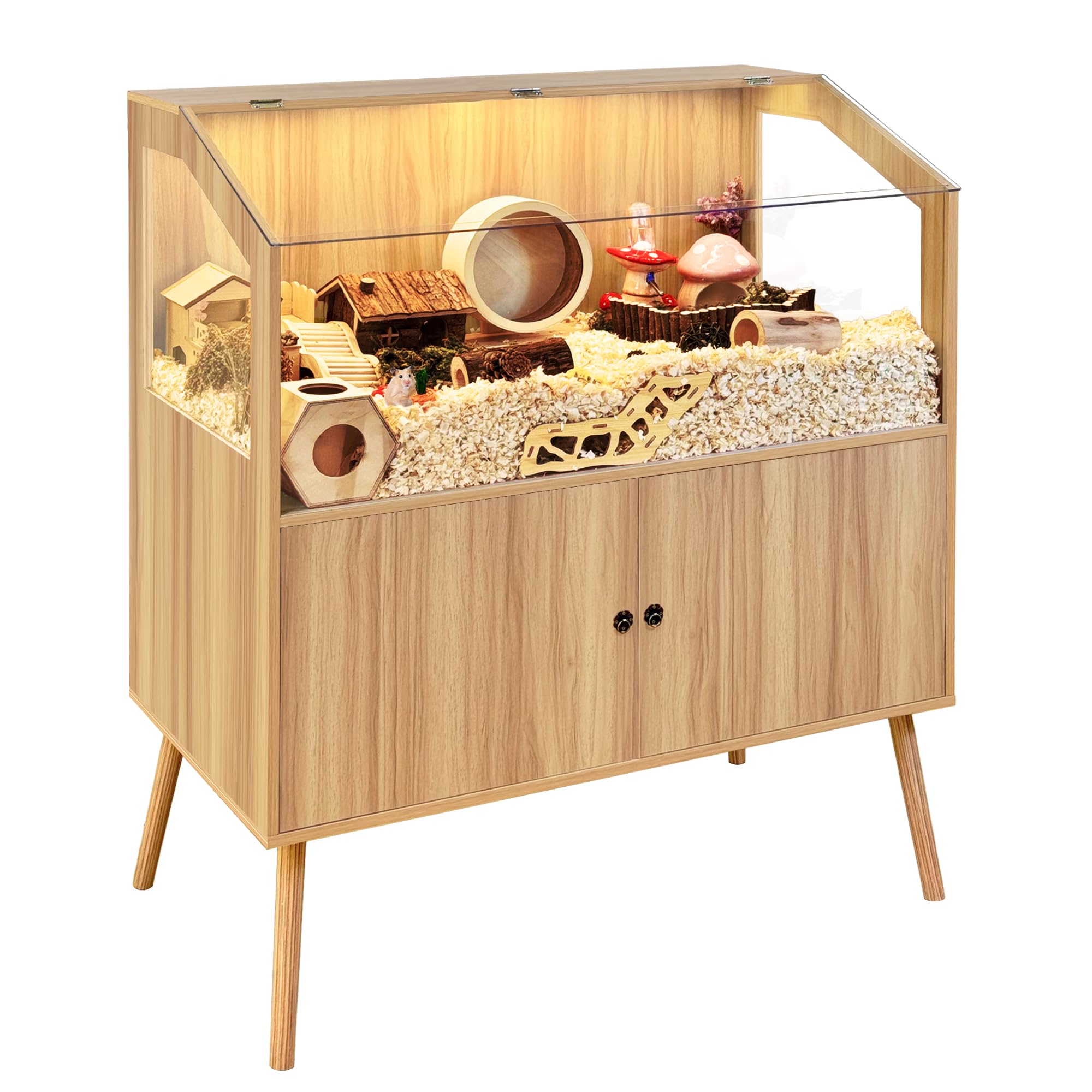 Photo 1 of PROLEE Hamster Cage with Storage Cabinet,Large Hamster Encloure Chew Proof Wood,Clear View Hamster Habitat for Guinea Pig, Ferret, Rat, Hedgehog, 40" L x 20" W x 47" H (Oak)