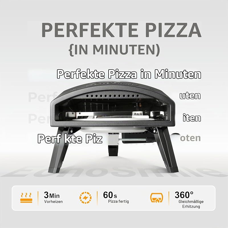 12" Pizzaofen Gas Outdoor, Propangas Pizzaofen Erreicht 510 °C, Pizza Oven mit Drehbarem Pizzastein, Flammenregler, Gasschlauch und hitzebeständigem Griff