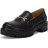 VETASTE Womens Lug Sole Platform Mid Chunky Heel Loafers Classic Round Toe Slip On Office Uniform Oxfords Shoes with Metal Chain