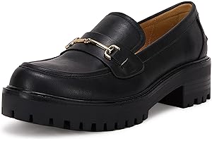 VETASTE Womens Lug Sole Platform Mid Chunky Heel Loafers Classic Round Toe Slip On Office Uniform Oxfords Shoes with Metal Chain