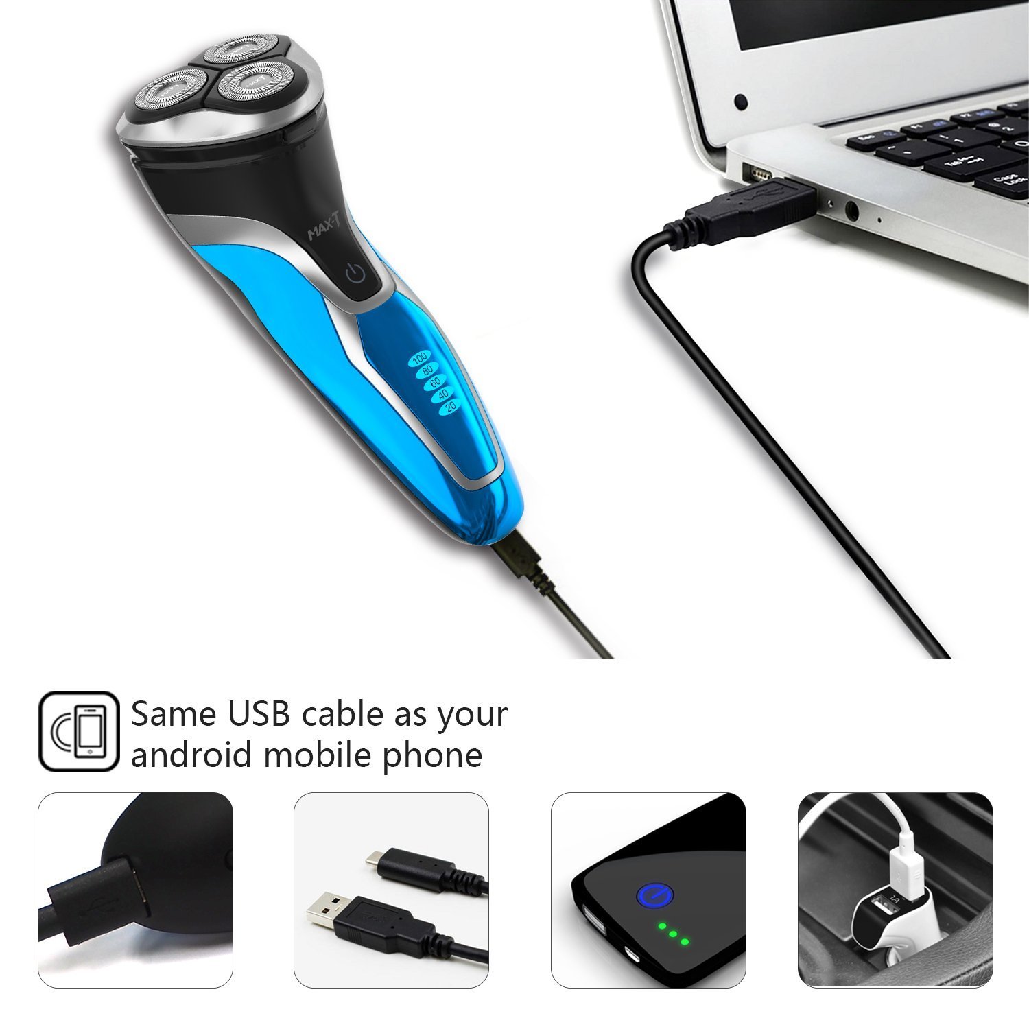 Elektrische Rasierer 5 LED Anzeige USB Aufladen Rotationsrasierer mit Pop-up Trimmer IPX7 Wasserdicht Nass und Trocken für Männer (USB Aufladen)