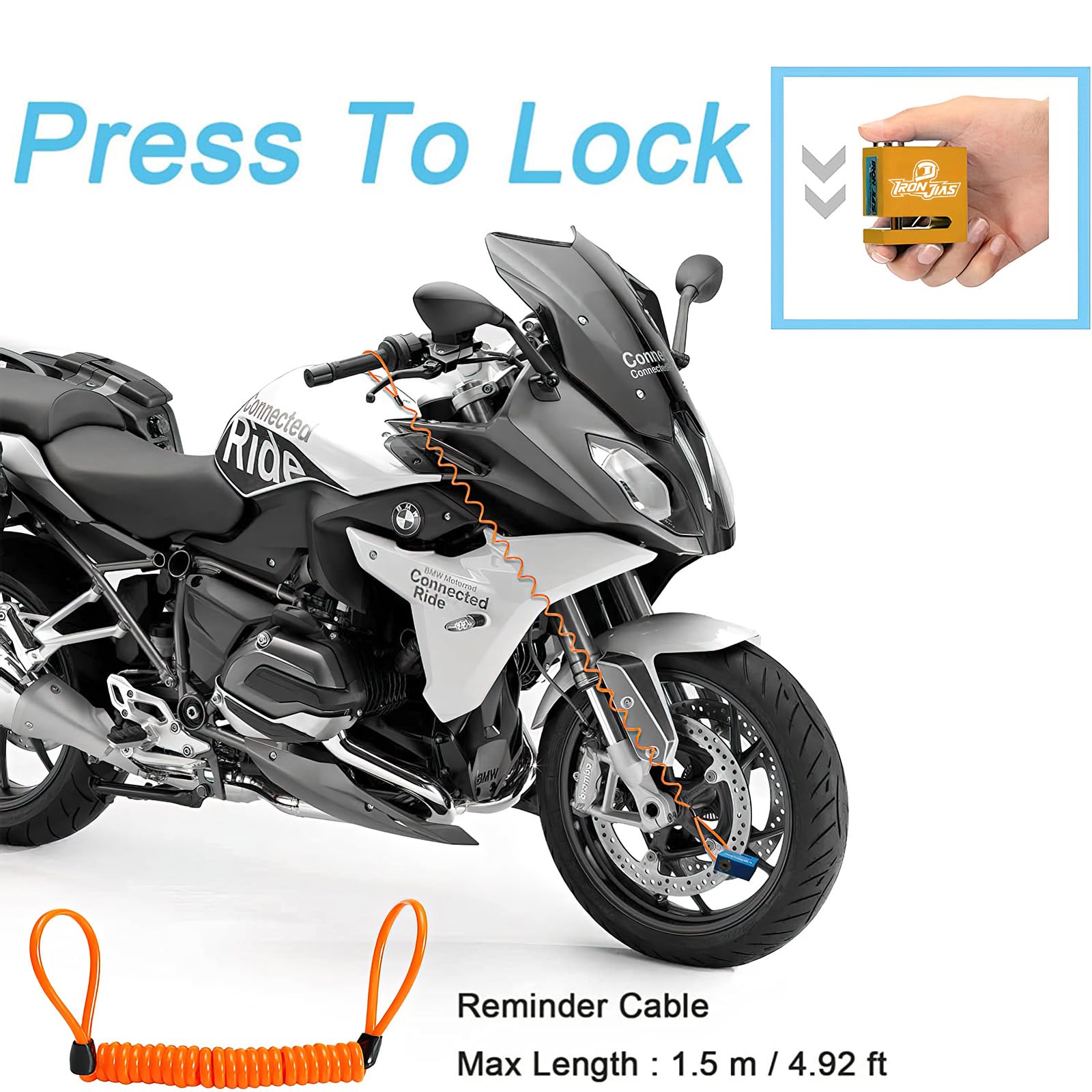 Motorcycle Disc Lock Anti-Theft Wheel Brake Lock Waterproof Alloy with Reminder Cable and 2 Keys, Alarm-Free for Motorbike, E-Scooter, Mountain Bike