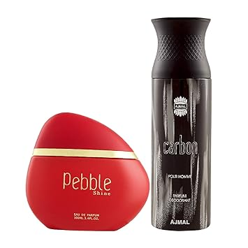 Maryaj Pebble Shine Eau De Parfum Floral Fruity Perfume 100ml for Women and Ajmal Carbon Homme Deodorant Citrus Spicy Fragrance 200ml for Men + 2 Parfum Testers FREE