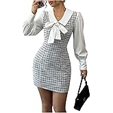 Floerns Women's Elegant Plaid Tweed Dress Bow Front Lantern Long Sleeve 2 in 1 Mini Houndstooth Dresses