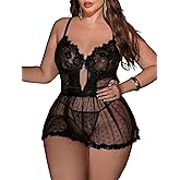 Verdusa Women's Plus Size 2 Piece Floral Lace Sheer Lingerie Set Polka Dots Cut Out Babydoll Dress with Thong