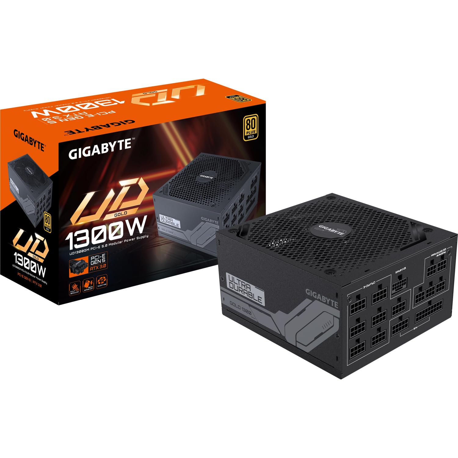 Gigabyte Ud1300Gm Pg5 80 Plus Gold Fully Modular 1300W Pcie 5.0 Power Supply Unit, Atx 3.0, 12Vhpwr Gpu Connector, Flat Cables, 10 Year Warranty