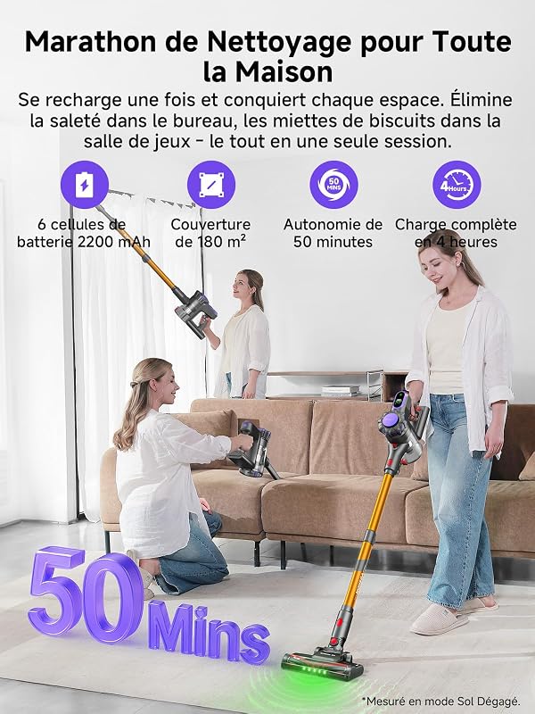 Aspirateur Balai sans Fil, Léger et Puissant, GreenEye, 45KPa/50Min