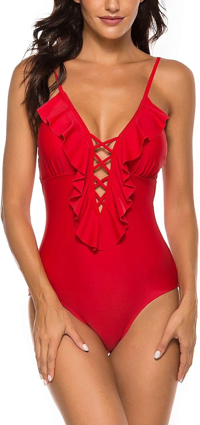 Amazon Siren S Deal レディース ファルバラワンピース水着 深いvネック モノキニ フリルバンデージ水着 Us サイズ Small カラー レッド ワンピース 通販