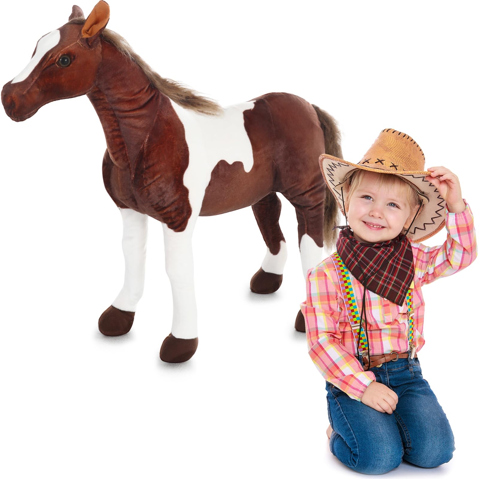 Photo 1 of Vinsot Giant Horse Plush Animal 33.5 x 27.5 Inch Large Plush Toy Lifelike Large Standing Horse Lovely Stuffed Role Play Toy for Boys Girls Cowboy Party Animal Party