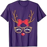 Reindeer Face Bow Leopard Glasses Christmas Womens Girls T-Shirt