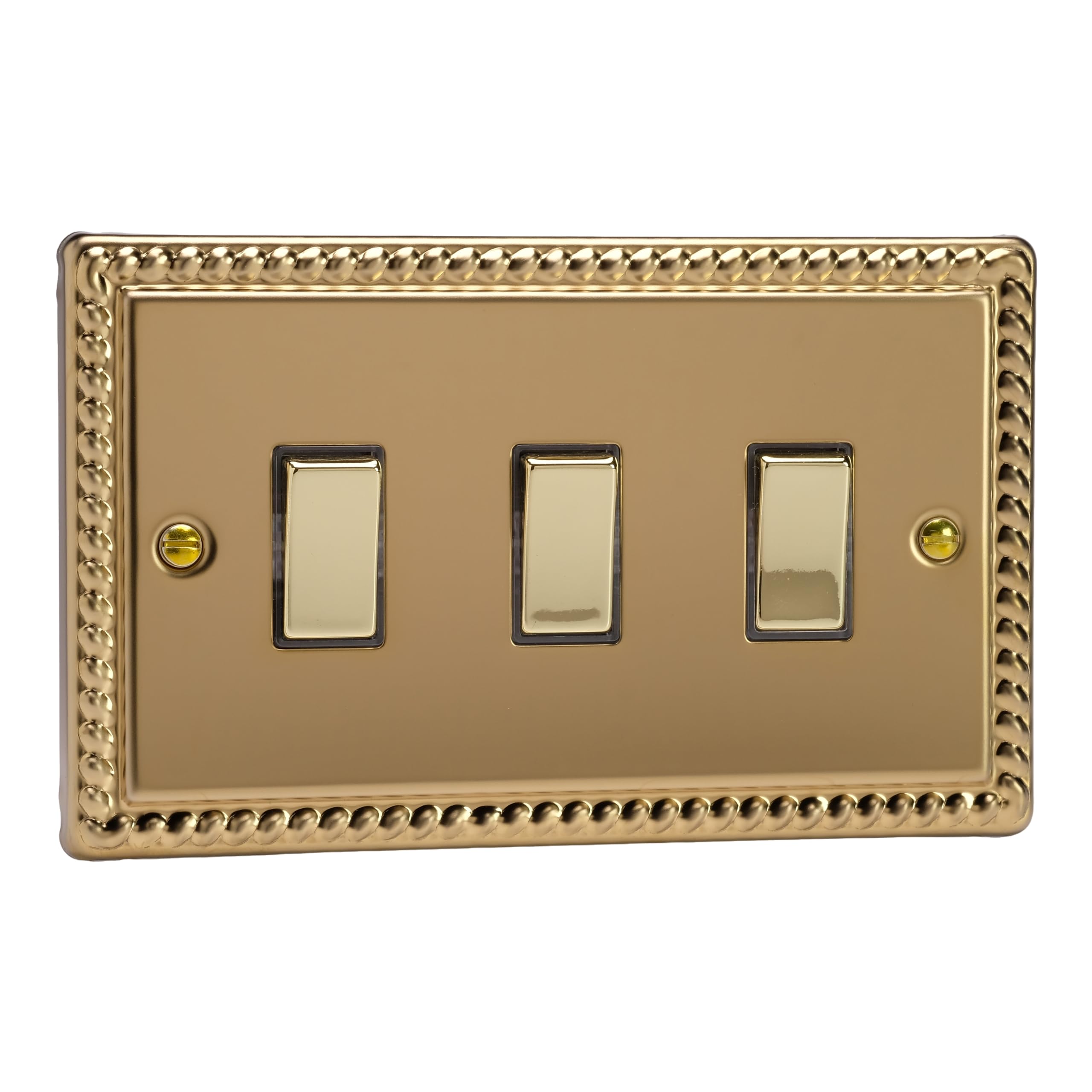Varilight Triple Light Switch 2-Way Twin Plate - Classic Georgian Brass With Polished Brass Rockers