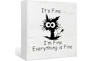 EIONEY Funny Office Wood Box Sign Desk Decor, Black Cat It's Fine I'm Fine Everything is Fine, Home Office Wall Tabletop Shelf Decor 5x5 Inch, Coworker Gift