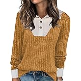 LOVESHOOT Women's Long Sleeve Shirts Spring Dressy Casual Loose Collared Tops Fashion Color Block Soft Button V Neck Pullover