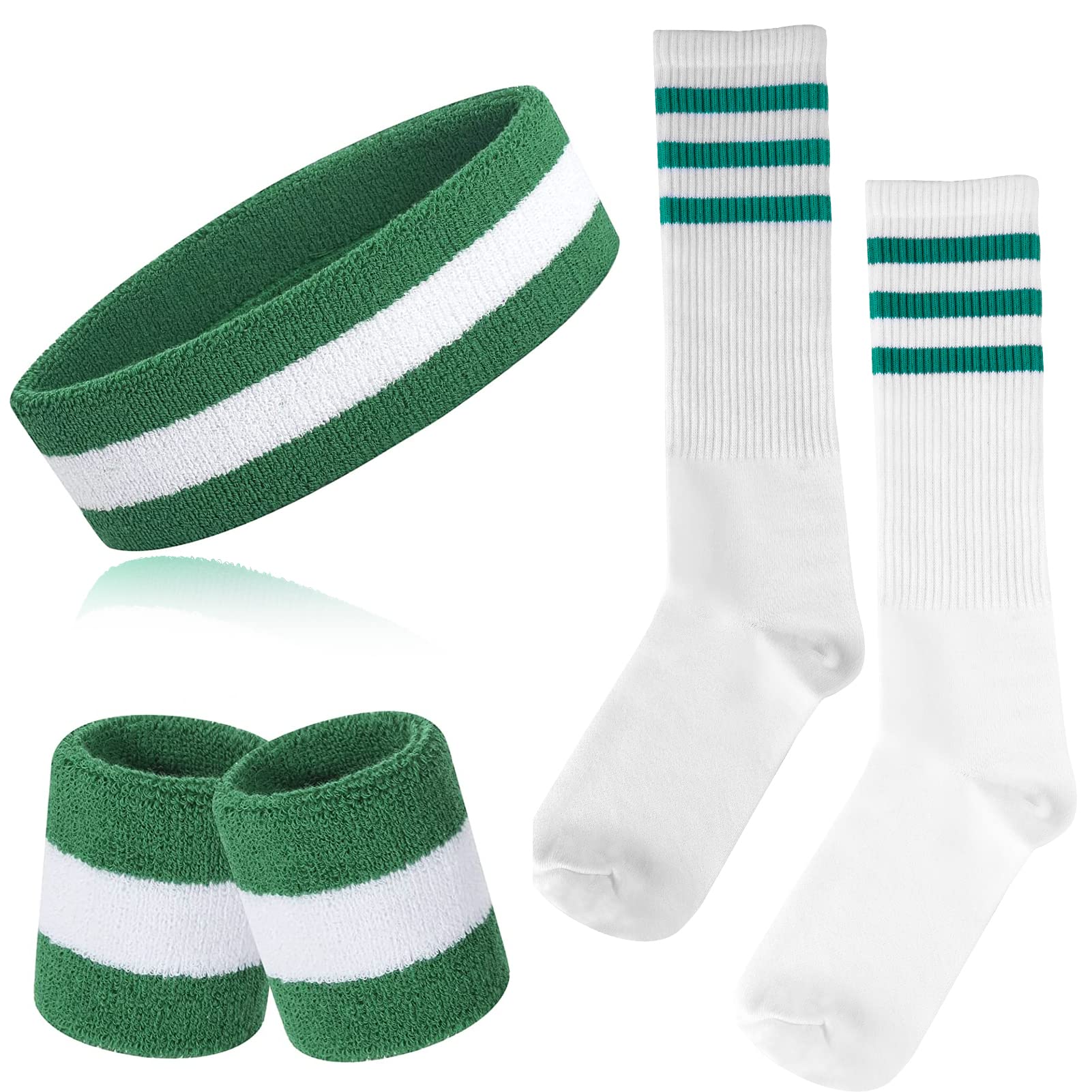 ONUPGO 5 Pieces Striped Sweatbands and Socks Set Sports Striped Headband Wristbands Sweatbands Striped High Sock for Men Women Sports and 80s Party (Green/White/Green) — image 1