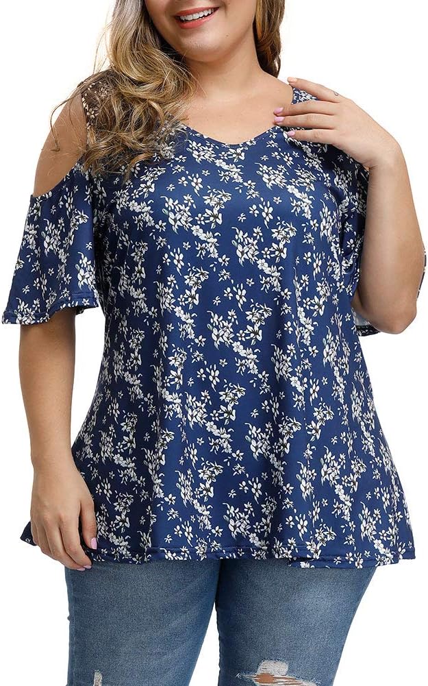 ALLEGRACE Women's Plus Size Summer Cold Shoulder Tunic Top Short Sleeve Tunics V Neck T Shirts