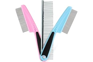 Meric Cat, Dog & Ferret Flea Combs, Rubber & Stainless Steel Grooming Brushes, Pink, Light Blue and Silver, 3 Pieces Per Set