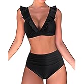 RXRXCOCO Women High Waisted Bikini Sets Ruffle Tummy Control Two Piece Swimsuit V Neck Bathing Suit