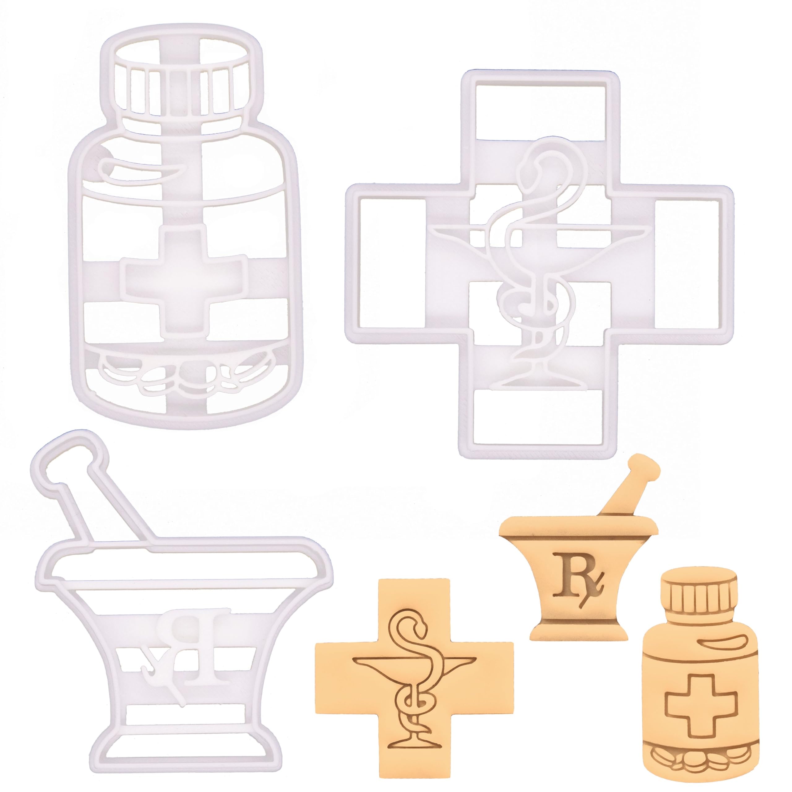 BAKERLOGY Set of 3 Pharmacy Theme Cookie Cutters (Designs: Pill Bottle, Pestle and Mortar and Pharmacy Logo) - Detailed Biscuit Cutter Design for Baking and Crafts, Ideal on Fondant, Dough, Clay