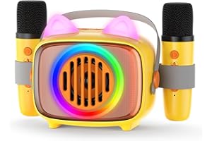 BIGASUO Karaoke Machine for Kids, Mini Portable Bluetooth Speaker with 2 Wireless Microphones and LED Lights, Kids Toys Ideal Gifts for Girls & Boys Birthday Home Party Yellow-2Pack