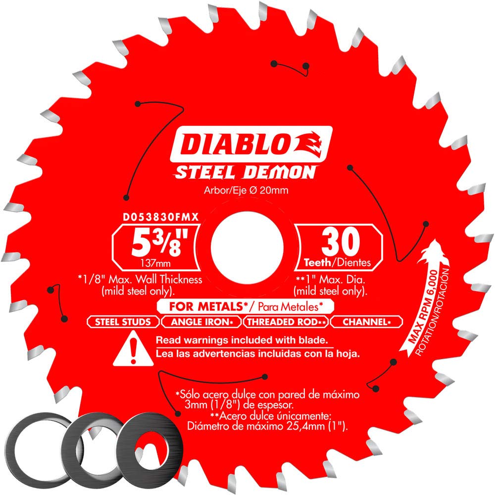 Hoja de sierra de carburo Diablo Steel Demon para metal mediano - 5-3/8 x 30 dientes, eje de 20 mm, corte de 0,059, ángulo de gancho de 2°, placa de 0,039, 6000 RPM máx. - D053830FMX