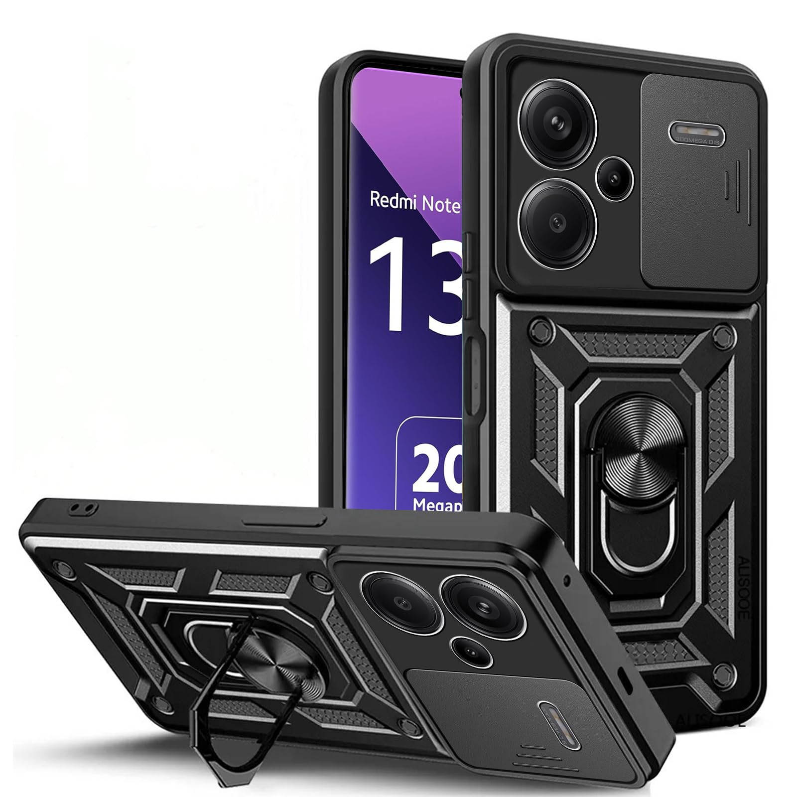 KZIOACSH Case for Redmi Note 13 PRO PLUS/Note 13 PRO+, [360 Rotaring Kickstand][Slide Camera Cover]Hybrid Soft TPU Frame + Hard PC Back Case Military Grade Anti-Scratch Shockproof Rugged Bumper Cover