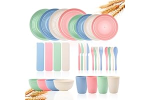 32 Piece Wheat Straw Dinnerware Sets, Kitchen Plates and Bowls Sets for 4, Plastic Plates Reusable Dishes Set, Outdoor Kitche