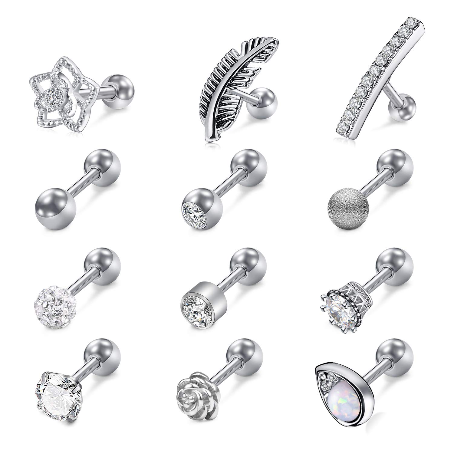 Briana Williams Tragus Bars Set Helix Cartilage Earrings Studs Set 6mm Stainless Steel 1.2mm Piercing Jewellery
