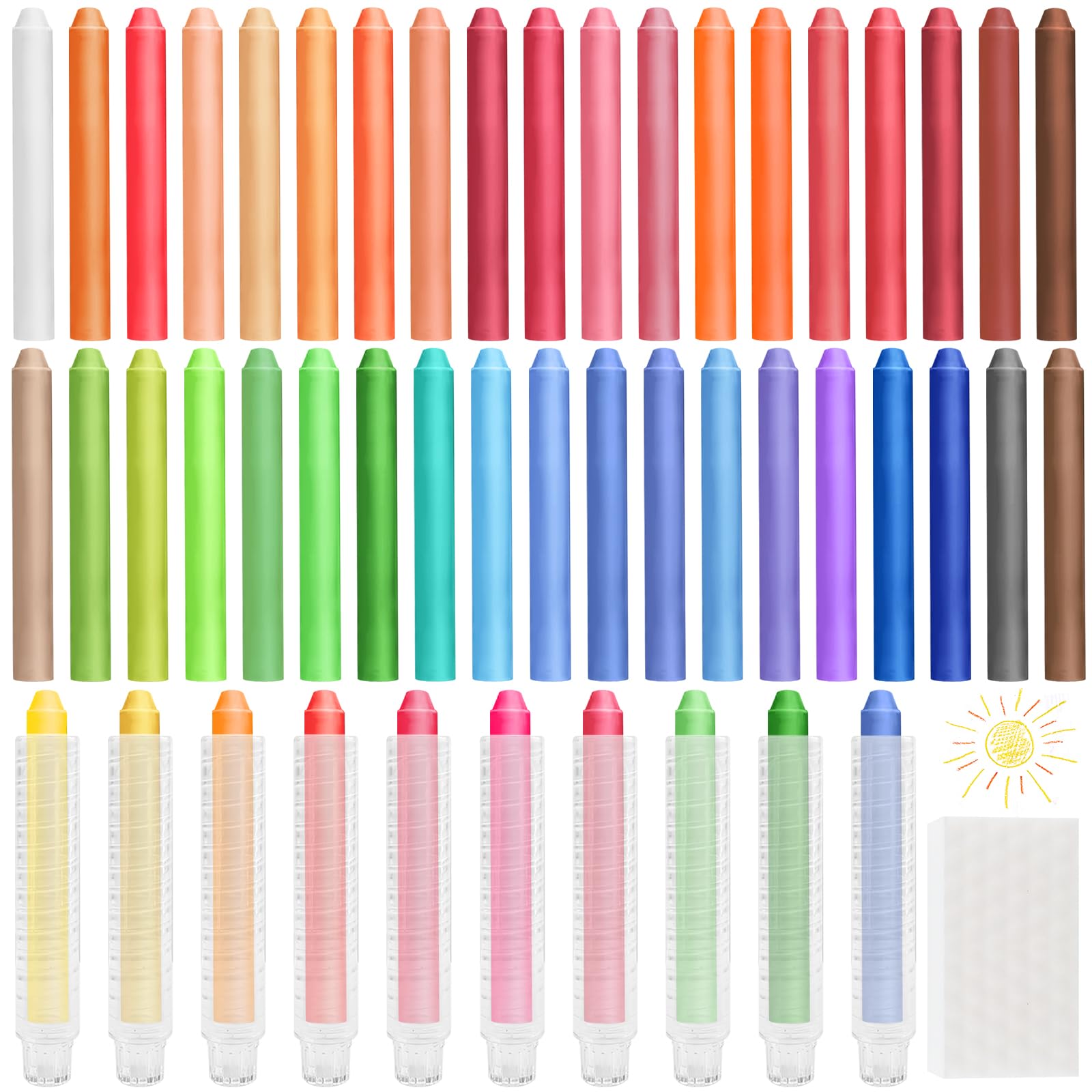Sheryl&Rain 48Pcs Dustless Chalk with 10PCS Adjustable Chalk Holders, Dust Free Chalks with 1 Sponge Eraser, Washable Colored Chalks for Adult Office Painting