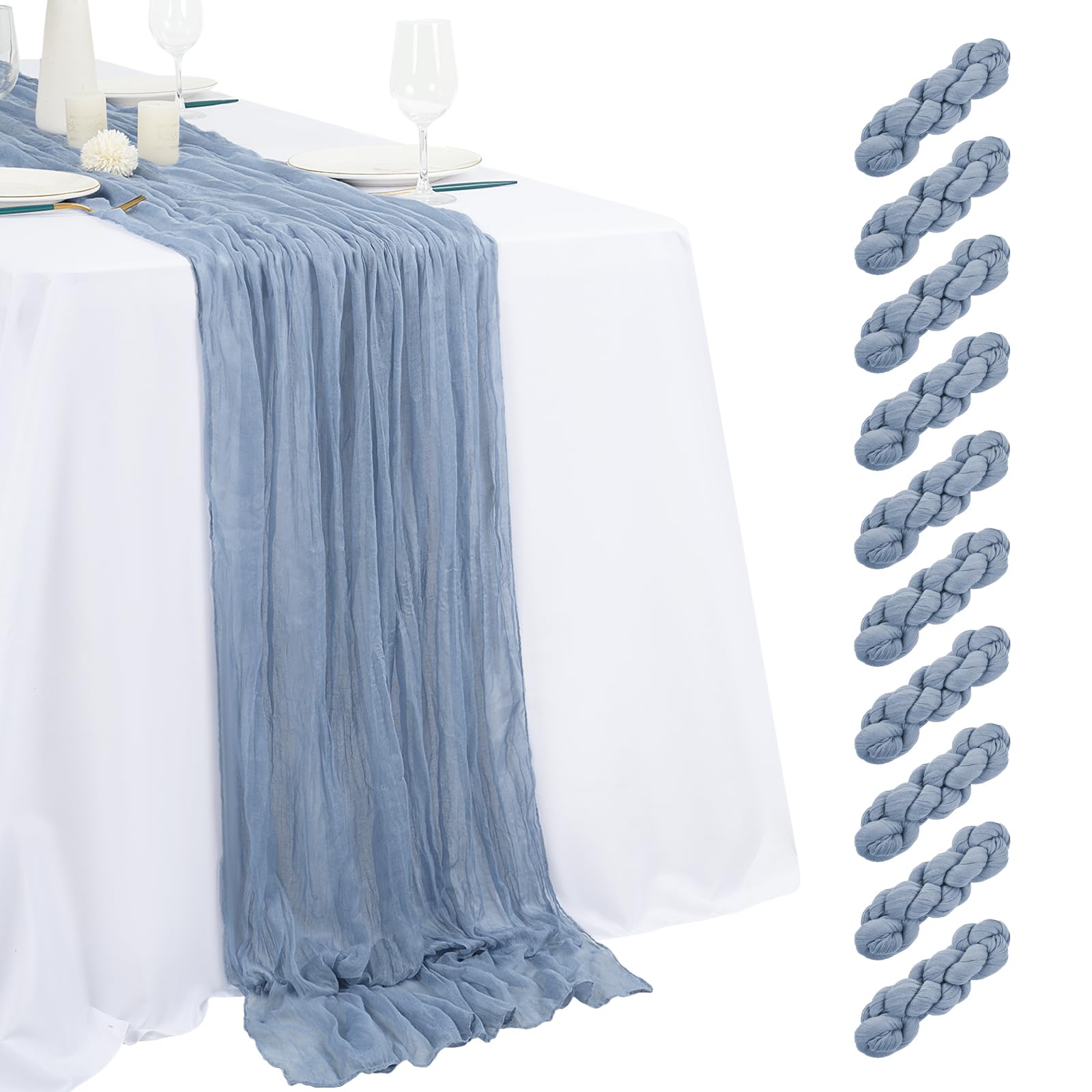 Photo 1 of 10 Pack Dusty Blue Cheesecloth Table Runner 17x108 Inch Semi Sheer Boho Gauze Cheese Cloth Table Runners, for Wedding Bridal Shower Birthday Party Home Decor Garden Farmhouse