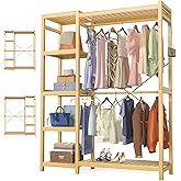 Homykic Bamboo Clothes Rack Garment Rack for Hanging Clothes, Heavy Duty Clothing Rack with 7 Tiers Adjustable Shelves, Double Rods, 4 Hooks, Freestanding Closet System Organizer Wardrobe, Natural