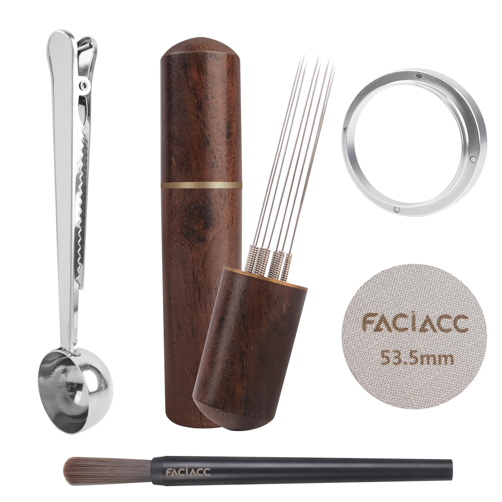 FACIACC 5Pcs Espresso Accessories Set, Wdt Tool, 54mm Dosing Funnel & Puck Screen, 2 in 1 Coffee Bag Clip & Spoon, Barista Kit, Stainless Steel 8pin Stirrer