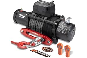 RUGCEL WINCH 13500lb Waterproof Electric Truck Winch 12V Synthetic Black Rope Winch with Hawse Fairlead,Wired Handle and 2 Wireless Remote,for Trailer and Wrangler in Car Lift