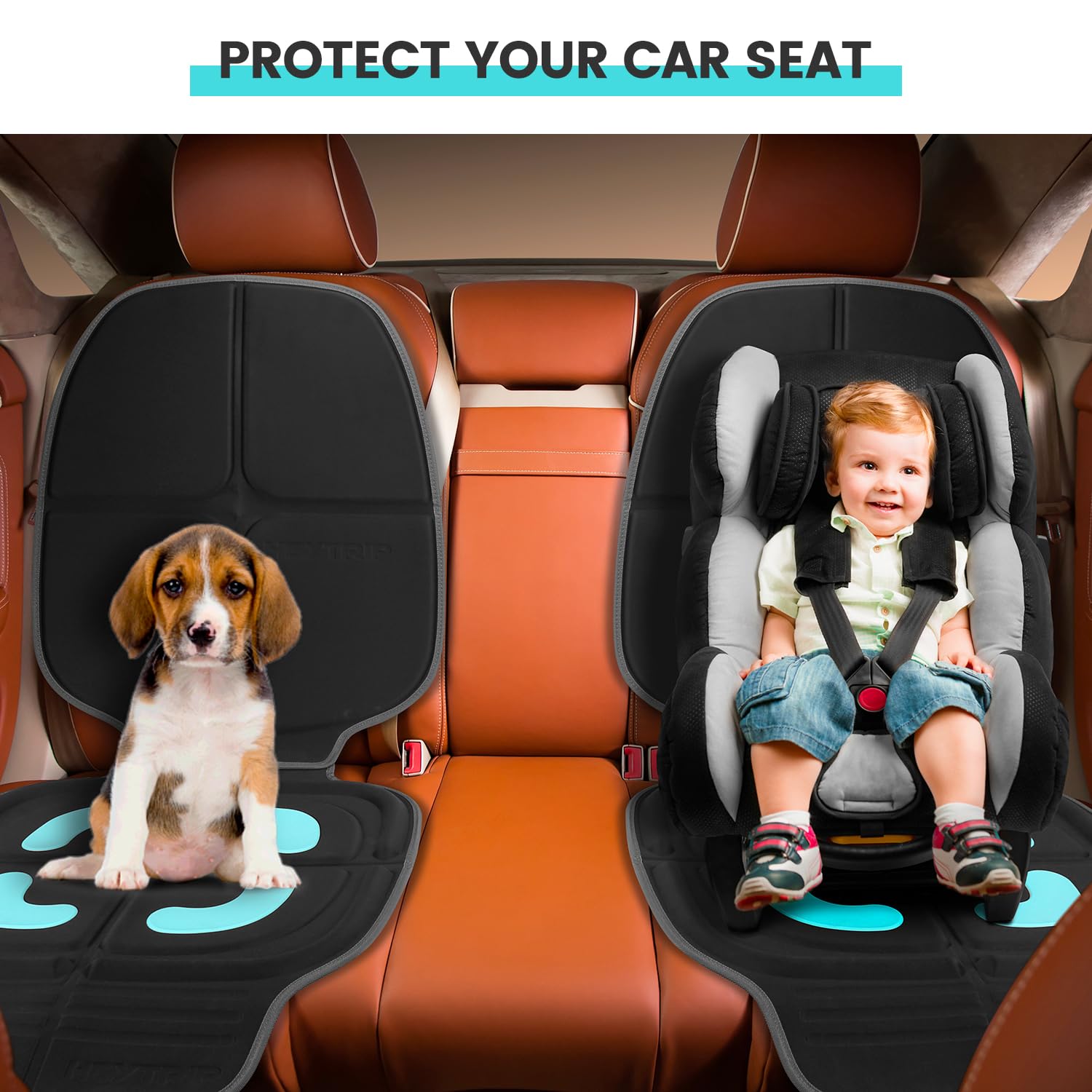 HEYTRIP Car Seat Protector, 2 Packs, Rear-Facing/Forward Facing Car Seat Mat for 0~12 Years Old Children, Waterproof, Easy Cleanup, Non-Slip, Fit Most Car Seats(Black Blue)
